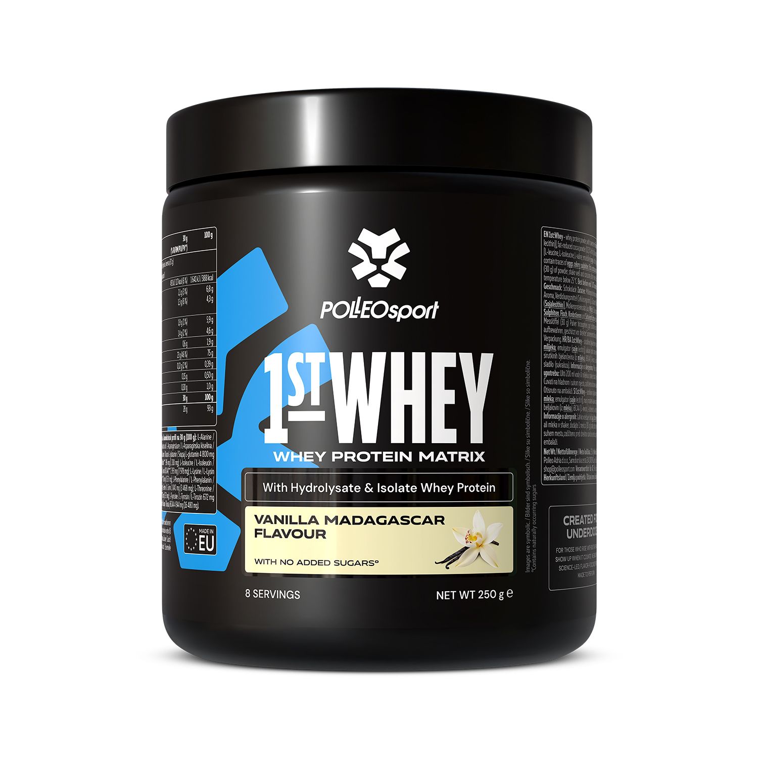Schwarzer Behälter mit PolleoSport 1st Whey Protein Matrix, Vanille Madagaskar Geschmack, 250g.
