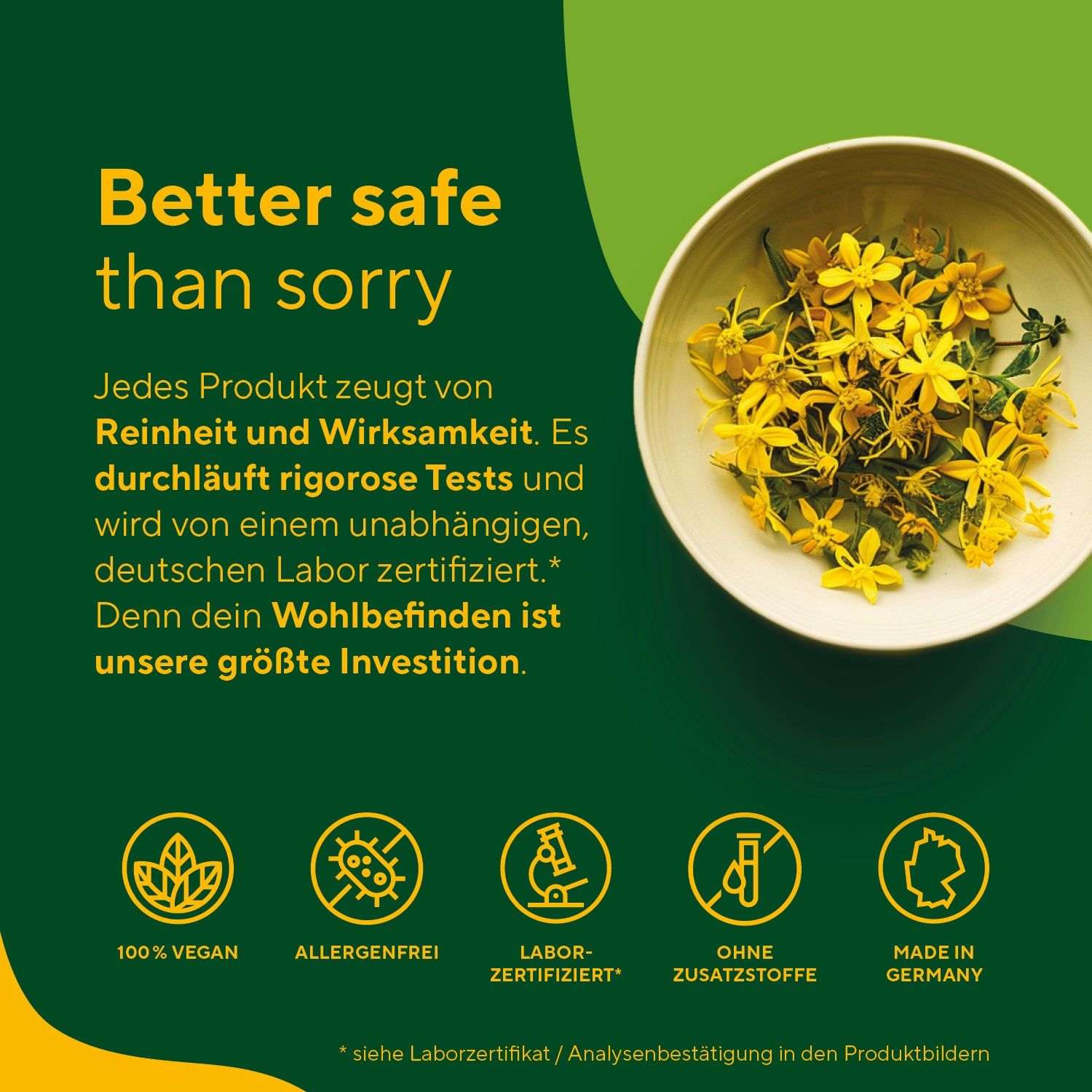 Grüner Hintergrund mit Text und Schale mit Blüten. Text: Reinheit und Wirksamkeit. 100% vegan, allergenfrei, Laborzertifiziert, ohne Zusatzstoffe, Made in Germany.