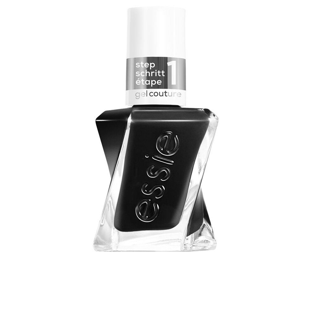 Schwarzer Nagellack in einer transparenten, verdrehten Flasche mit weißem Deckel. Aufschrift: essie gel couture.