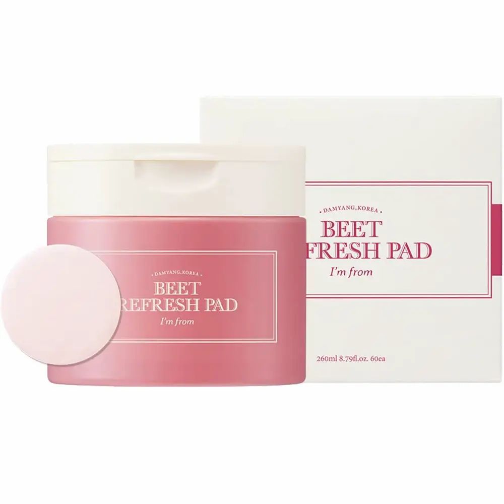 Rosa Dose mit weißem Deckel und Verpackung. Aufschrift: BEET REFRESH PAD, i'm from. Pads daneben.