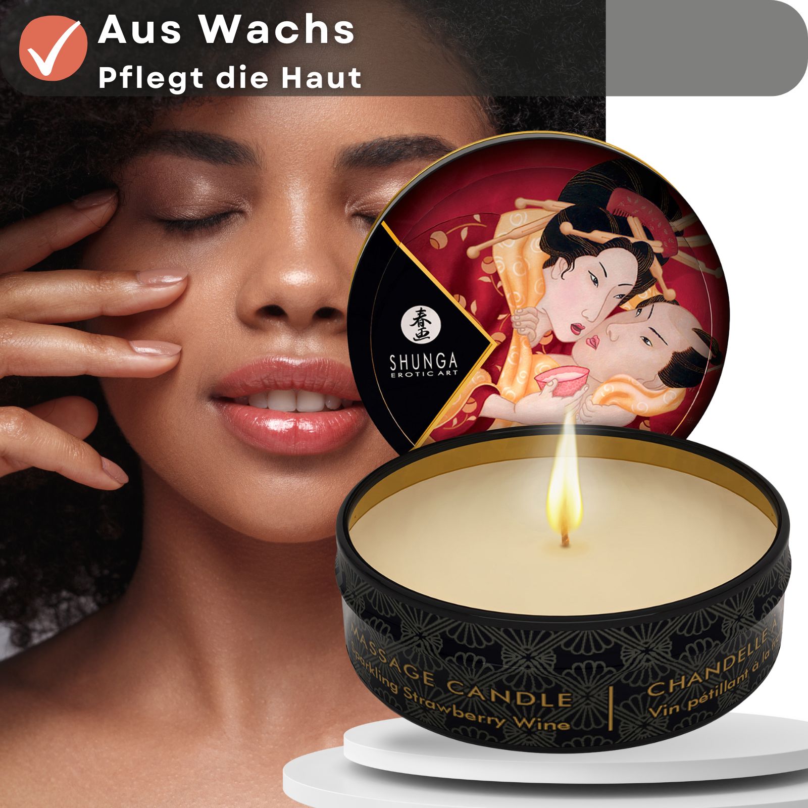 Massagekerze in Dose. Frau berührt Gesicht. Dose mit Deckel. Text: Aus Wachs, Pflegt die Haut, Massage Candle, Erdbeerwein.