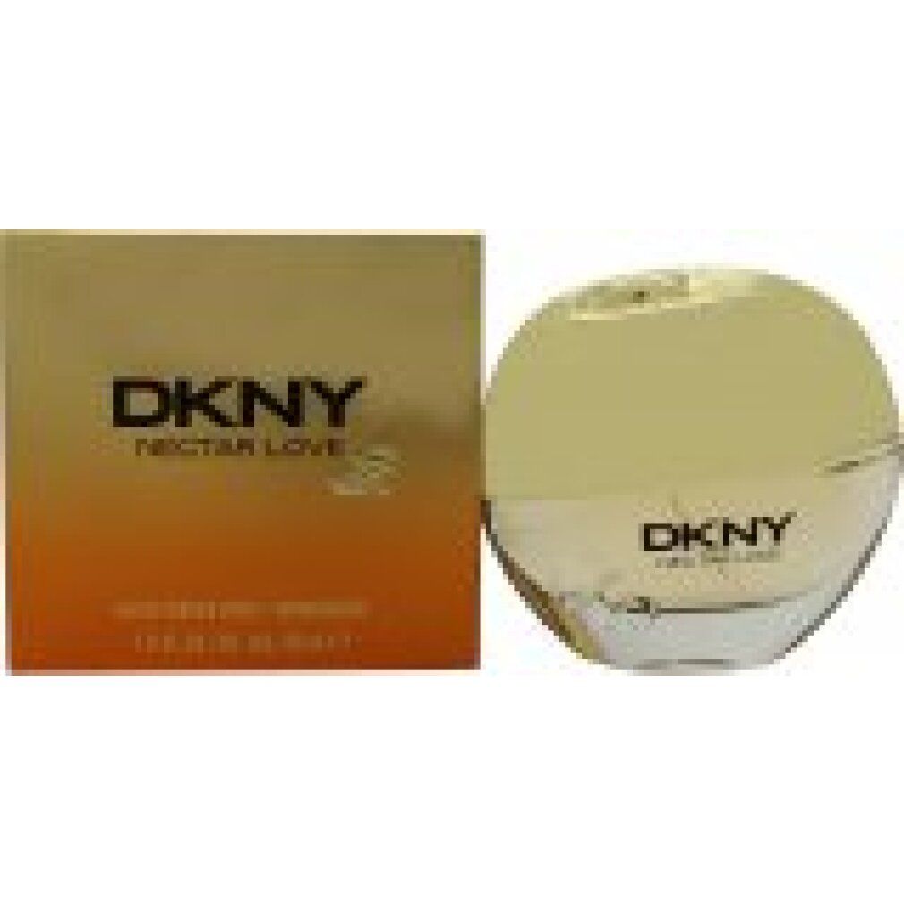 Parfümflakon und Schachtel. Flakon rund, goldfarbener Deckel. Schachtel gold-orange. Schriftzug DKNY Nectar Love.