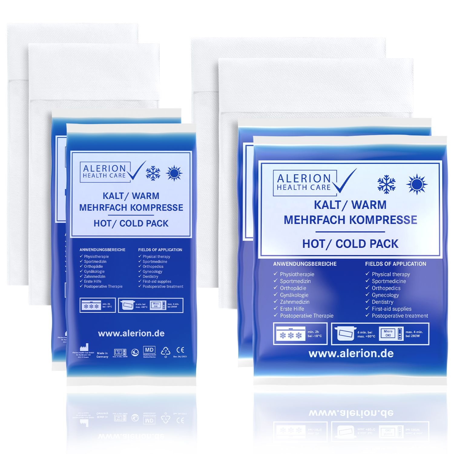 Mehrfachkompressen mit Vlieshülle. Blaue Verpackung mit weißer Hülle. Text: Kalt/Warm, Alerion Health Care.