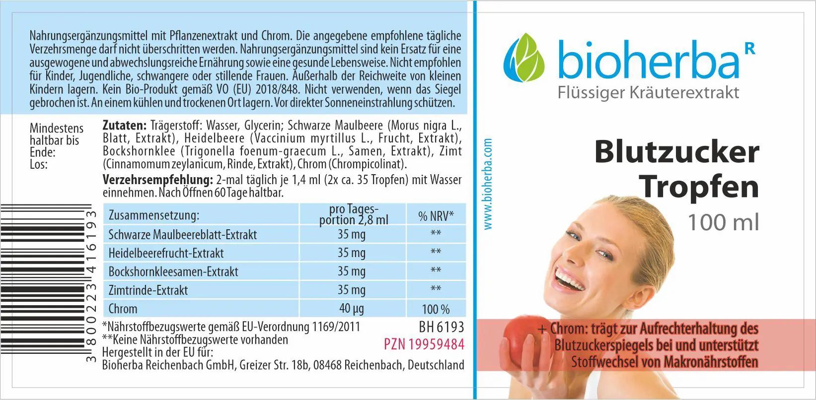 Etikett auf brauner Glasflasche. Produktname, Marke, Inhaltsstoffe und Frau. 100 ml.