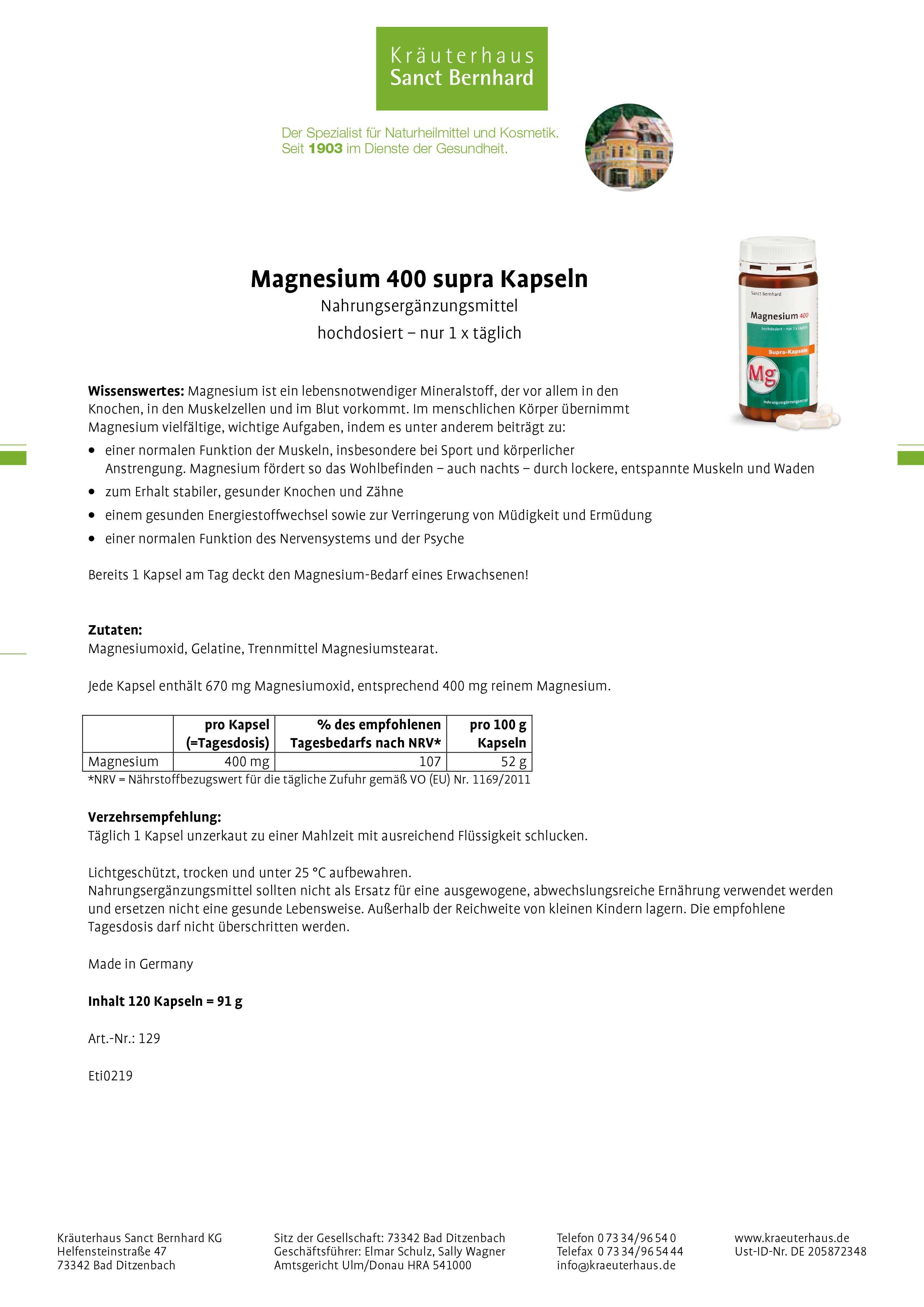 Sanct Bernhard Magnesium-400-supra-Kapseln 360 St Kapseln