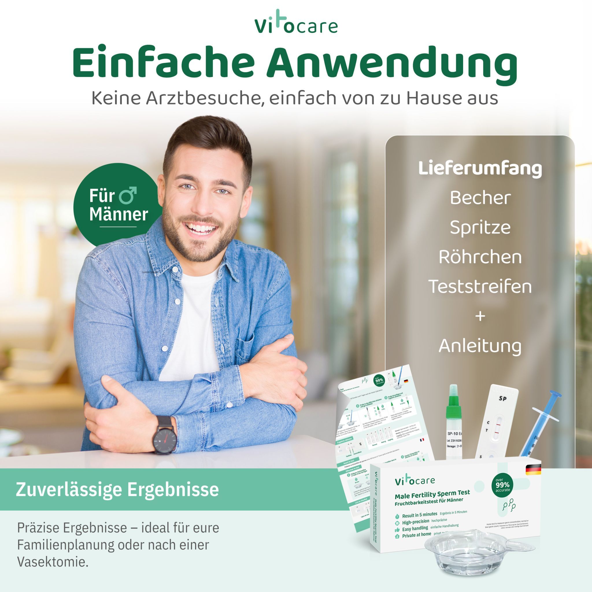 Mann lächelt. Text: Einfache Anwendung. Lieferumfang: Becher, Spritze, Teststreifen, Anleitung. Zuverlässige Ergebnisse. Ideal für Familienplanung.