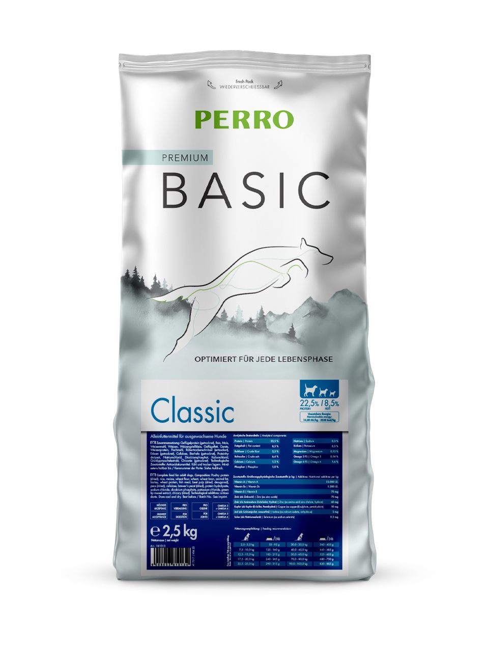 Hundefutter-Beutel. Marke PERRO, Aufschrift BASIC, Classic. Enthält 2,5 kg. Abbildung eines springenden Hundes.