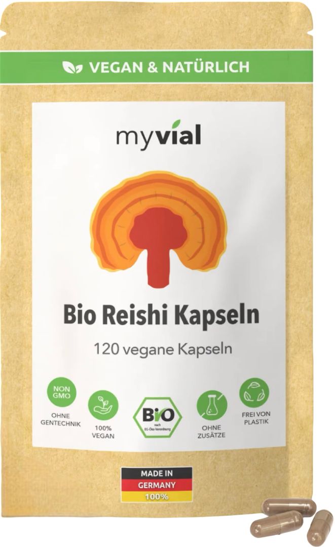 myvial® Bio Reishi Kapseln - reines Fruchtkörperpulver des Reishi-Pilzes - 800 mg hochdosiert