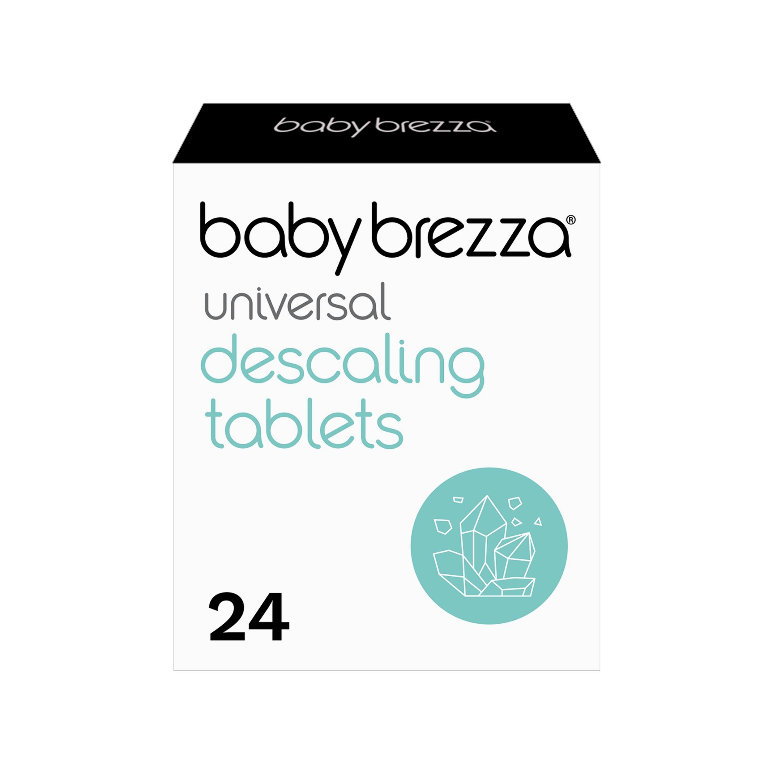 Baby Brezza Universal-Entkalkungstabletten. Weiße Verpackung mit Logo, Produktname und 24 Tabletten. Abbildung von Kristallen.