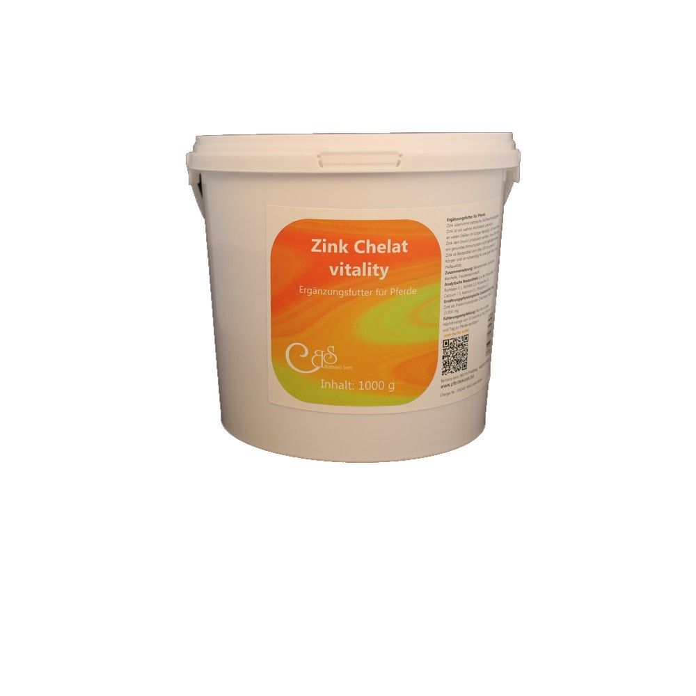Weißer Eimer mit Etikett. Aufschrift: Zink Chelat vitality. Inhalt: 1000 g.