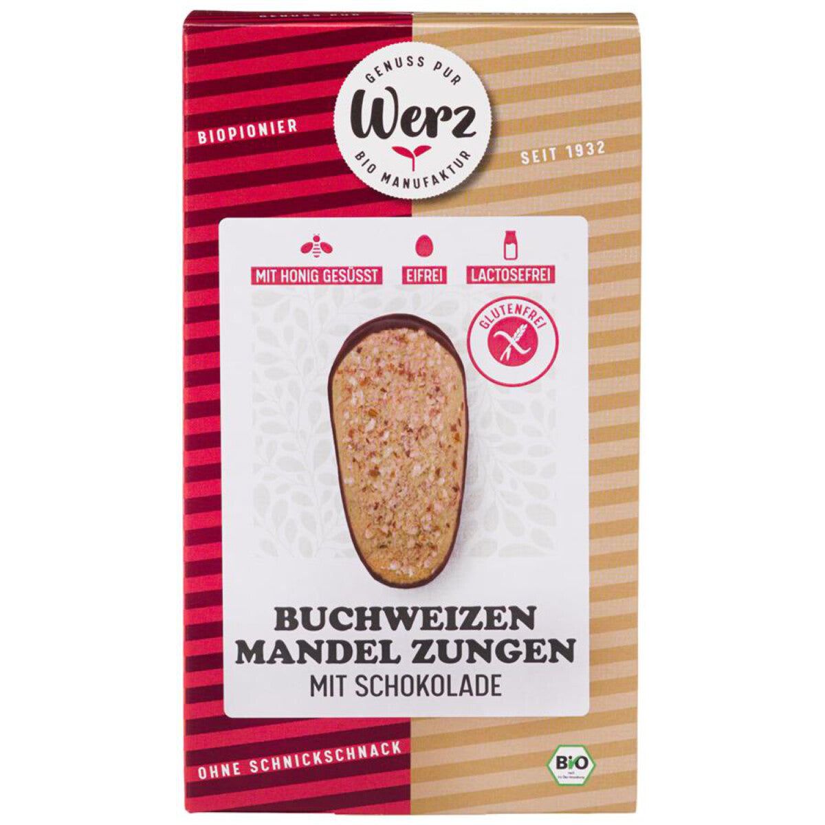 Verpackung mit Werz Buchweizen Mandel-Zungen. Produkt mit Schokolade, glutenfrei, ohne Ei und Laktose. Bio-Siegel.