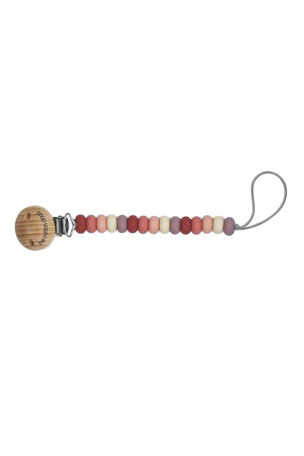 Schnullerkette mit Holzclip und farbigen Perlen. Der Clip trägt den Schriftzug "the cotton cloud".
