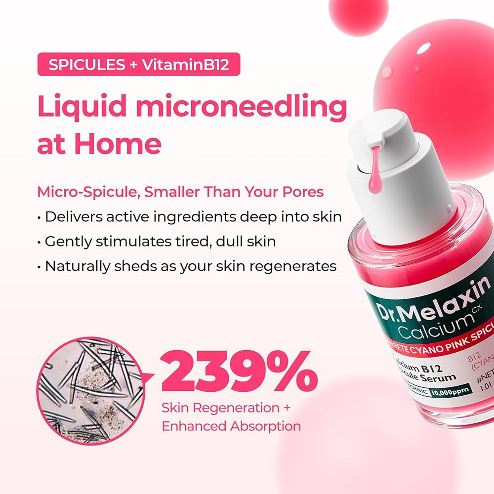 Produkt mit rosa Flüssigkeit. Text: Flüssiges Microneedling zu Hause. 239% Hautregeneration.