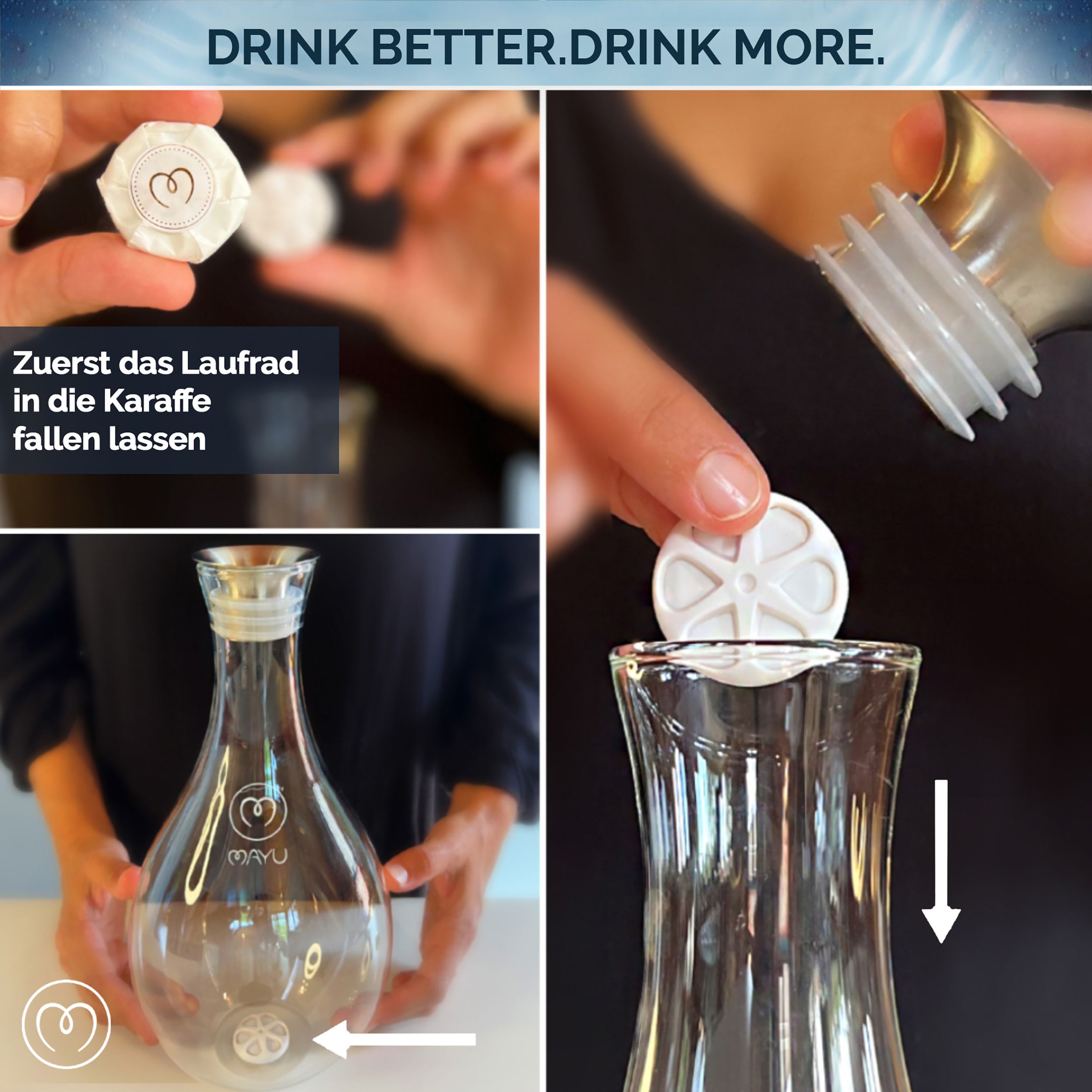 Glas-Karaffe mit Wirbelbewegung. Zubehör: Filter. Logo. Anweisungen zur Verwendung.