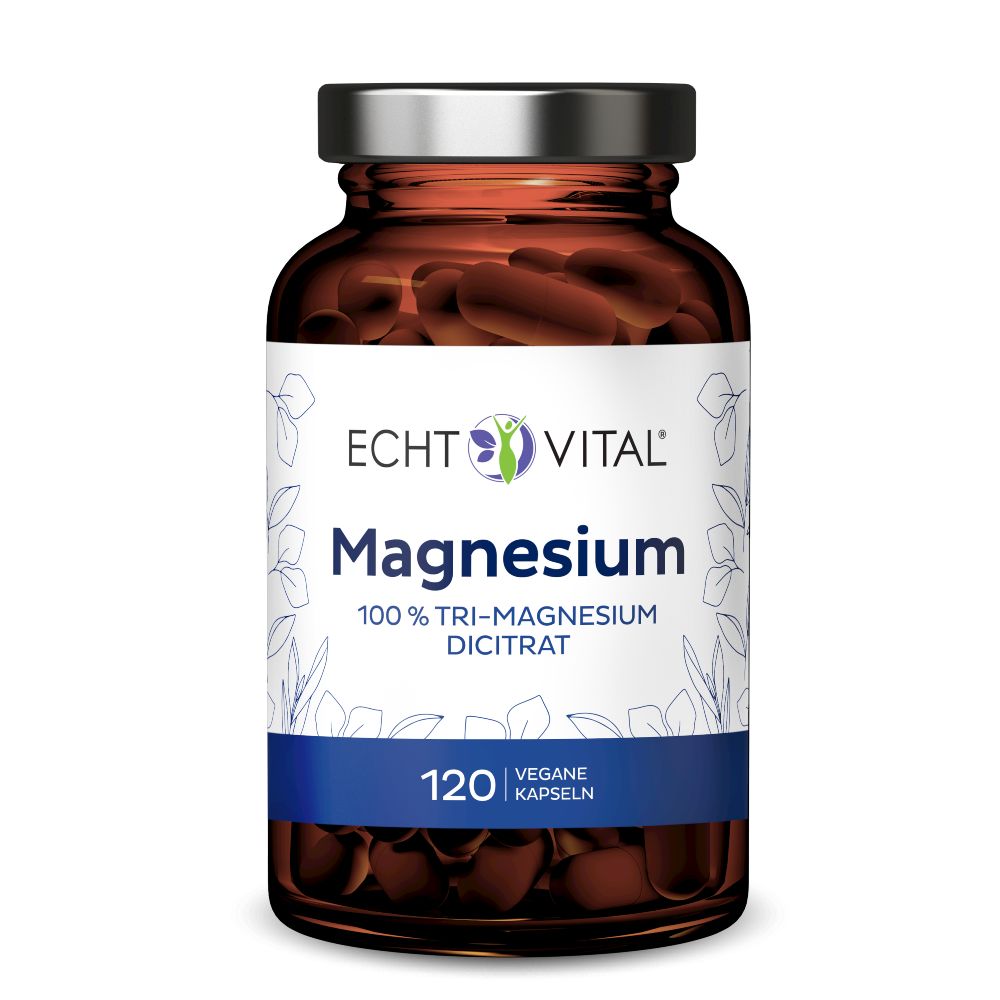 Braune Glasflasche mit weißen Etikett. Aufschrift: Echt Vital Magnesium, 120 Kapseln. Vegan.