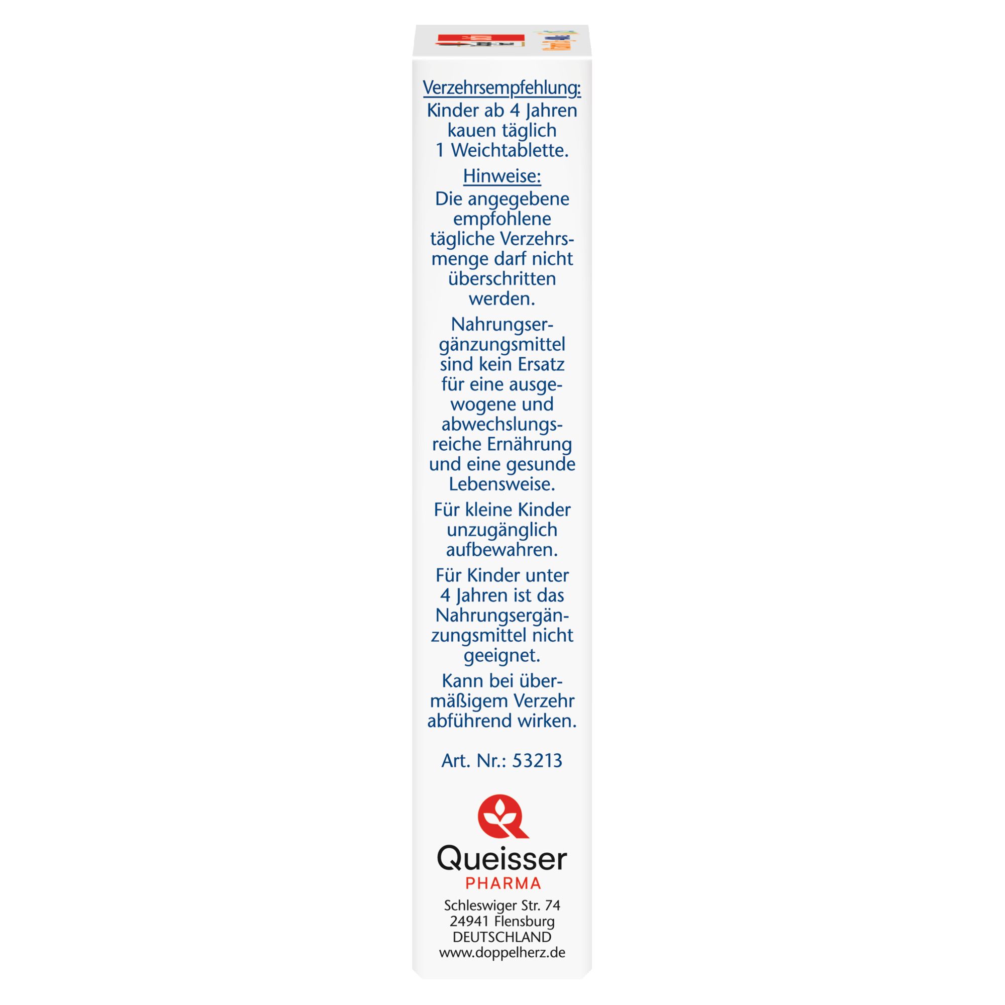 Rückseite der Packung von Doppelherz aktiv Vitamin D3 400 I.E. Kids, mit Verzehrempfehlung und Herstellerinformationen.