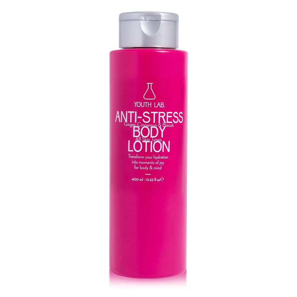 Rosa Flasche mit silbernem Deckel. Aufschrift: YOUTH LAB ANTI-STRESS BODY LOTION. Enthält Ingwer und Keks. 400 ml.