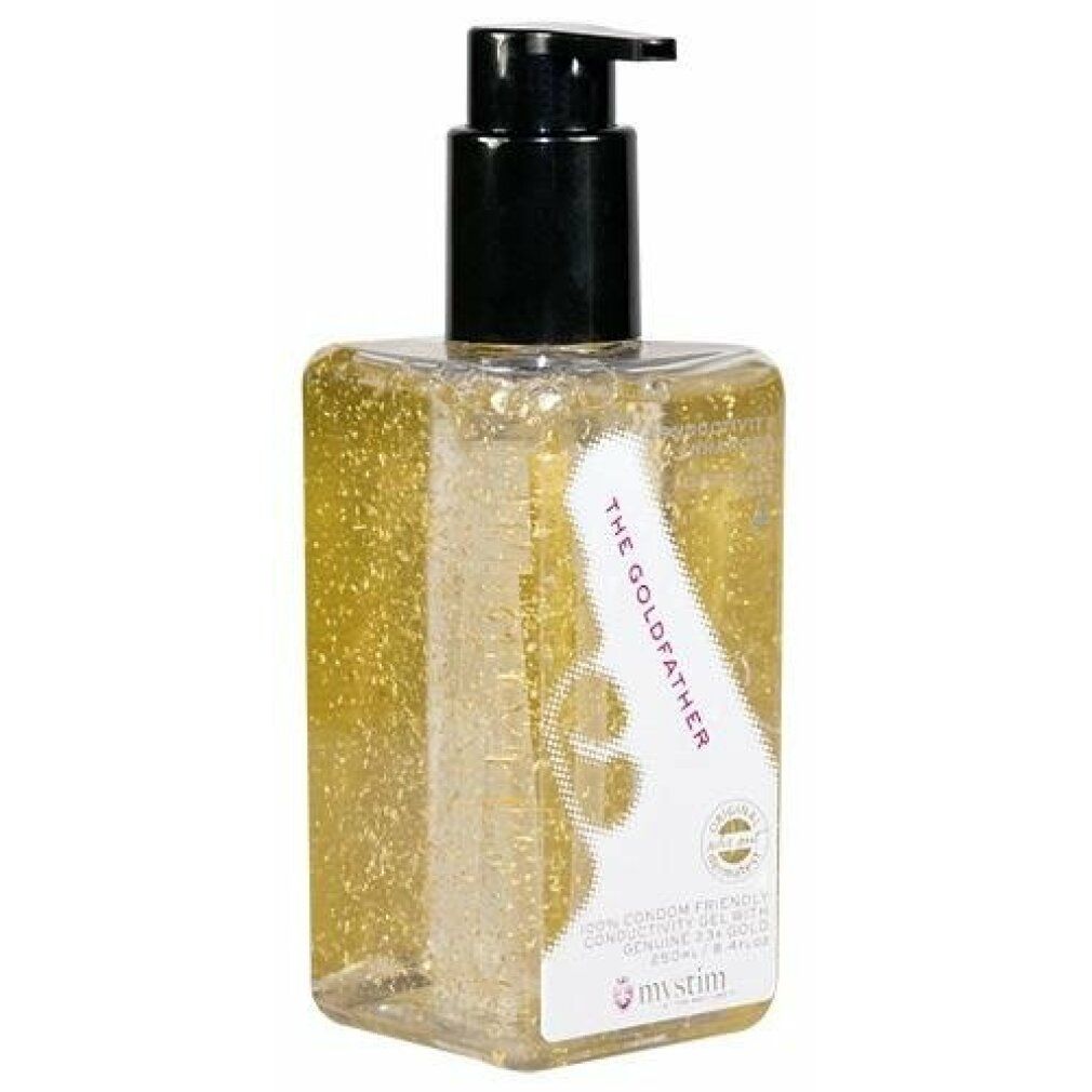 Rechteckige Flasche mit goldenem Gel und schwarzem Pumpverschluss. Aufschrift: "The Goldfather". Marke: Mystim.