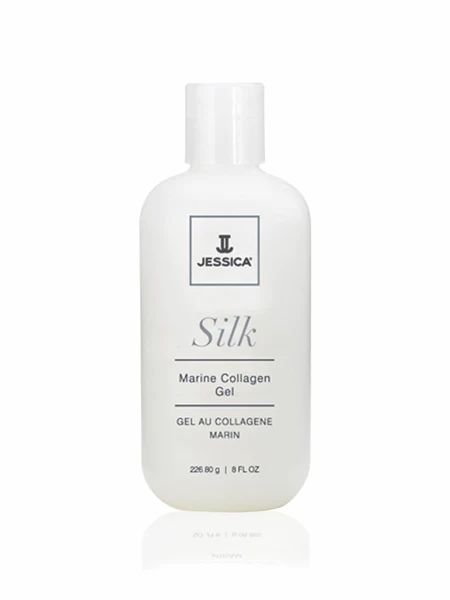Weiße Flasche mit Produktetikett. Oben: Logo und Schriftzug JESSICA. Darunter: Silk Marine Collagen Gel. Unten: Gel au Collagène Marin.