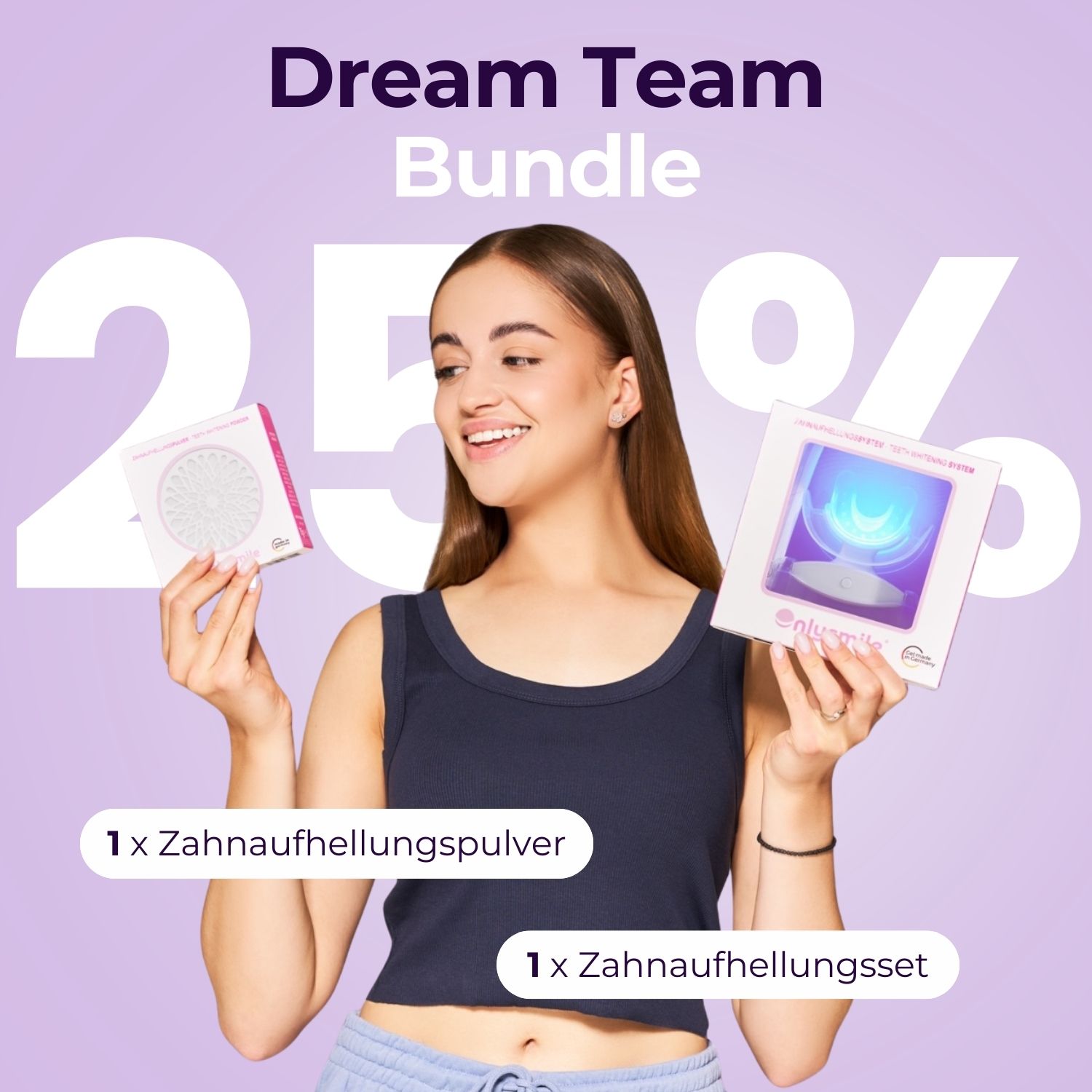 Zwei Produktboxen. Eine Frau hält sie. Text: Dream Team Bundle, 25%. Unten: 1x Zahnaufhellungspulver, 1x Zahnaufhellungsset.