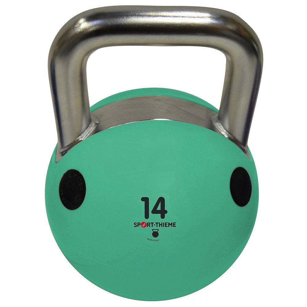 Weicher Kettlebell von Sport-Thieme, türkis. Metallgriff, schwarze Punkte, Gewicht 14 kg. Logo Sport-Thieme.