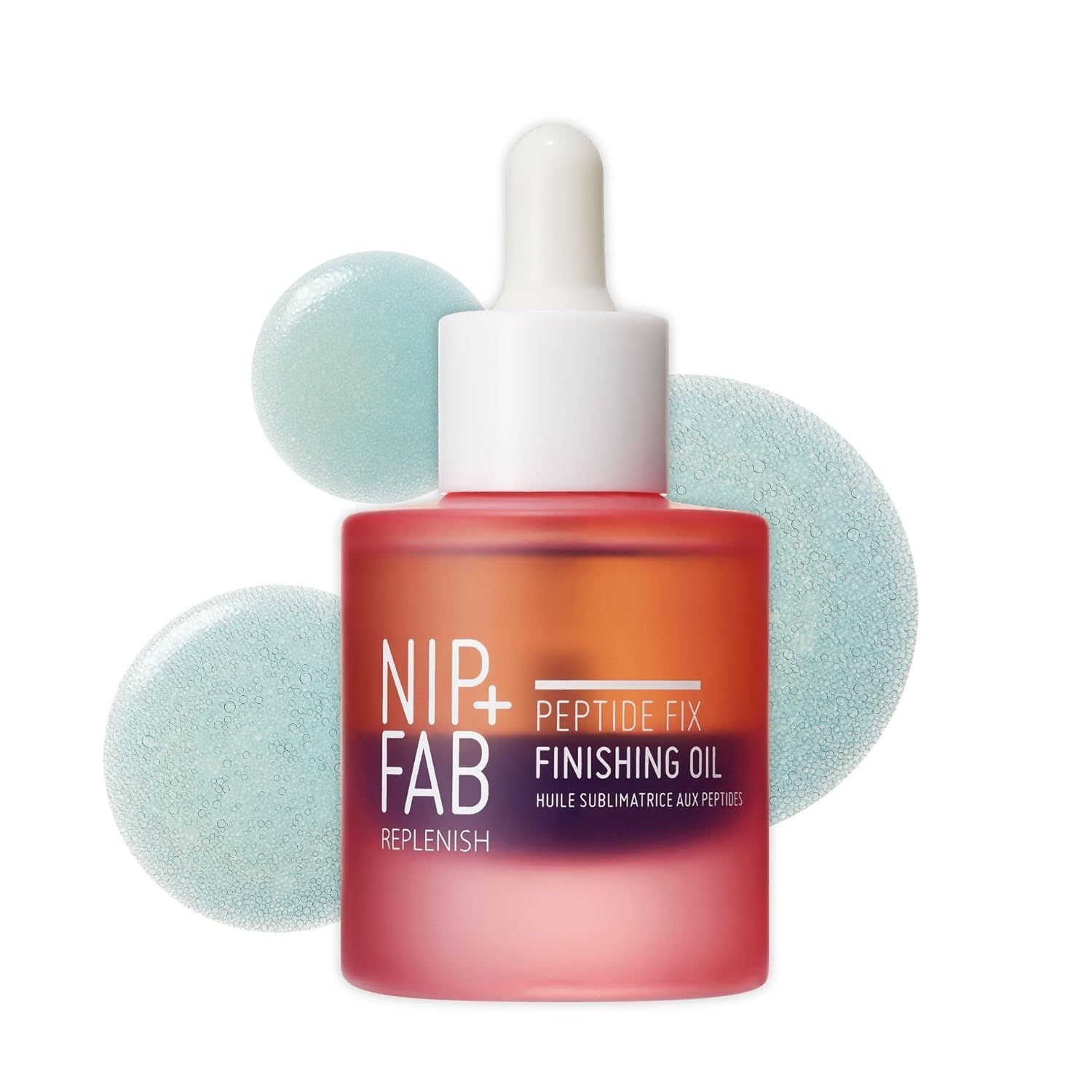 Rote Glasflasche mit weißem Deckel und Pipette. Aufschrift: NIP+FAB, Peptide Fix Finishing Oil. Blaue Flüssigkeit.