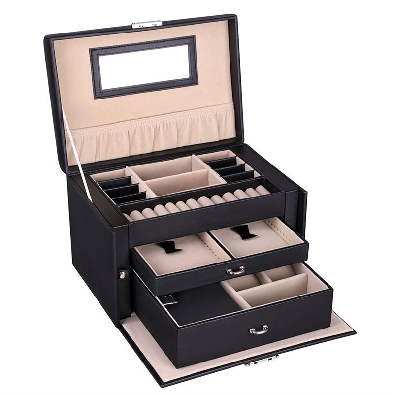 UNIQ XL Schmuckkästchen aus Leder mit 20 Fächern und Schloss - Schwarz