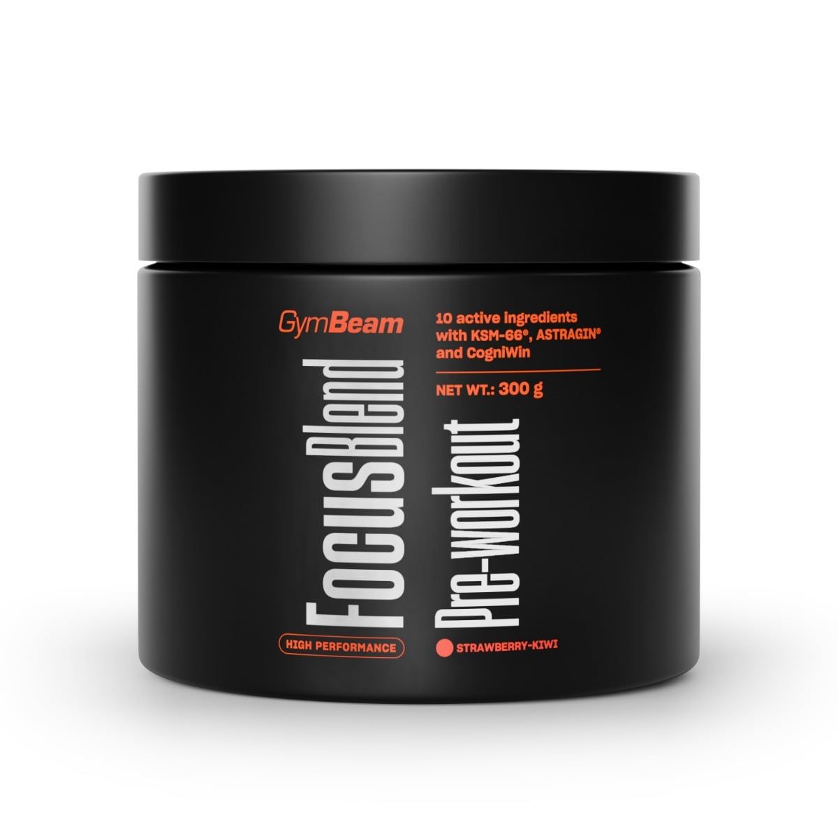 Schwarzer Behälter mit GymBeam Focus Blend Pre-Workout Pulver, 300g, Erdbeer-Kiwi Geschmack.
