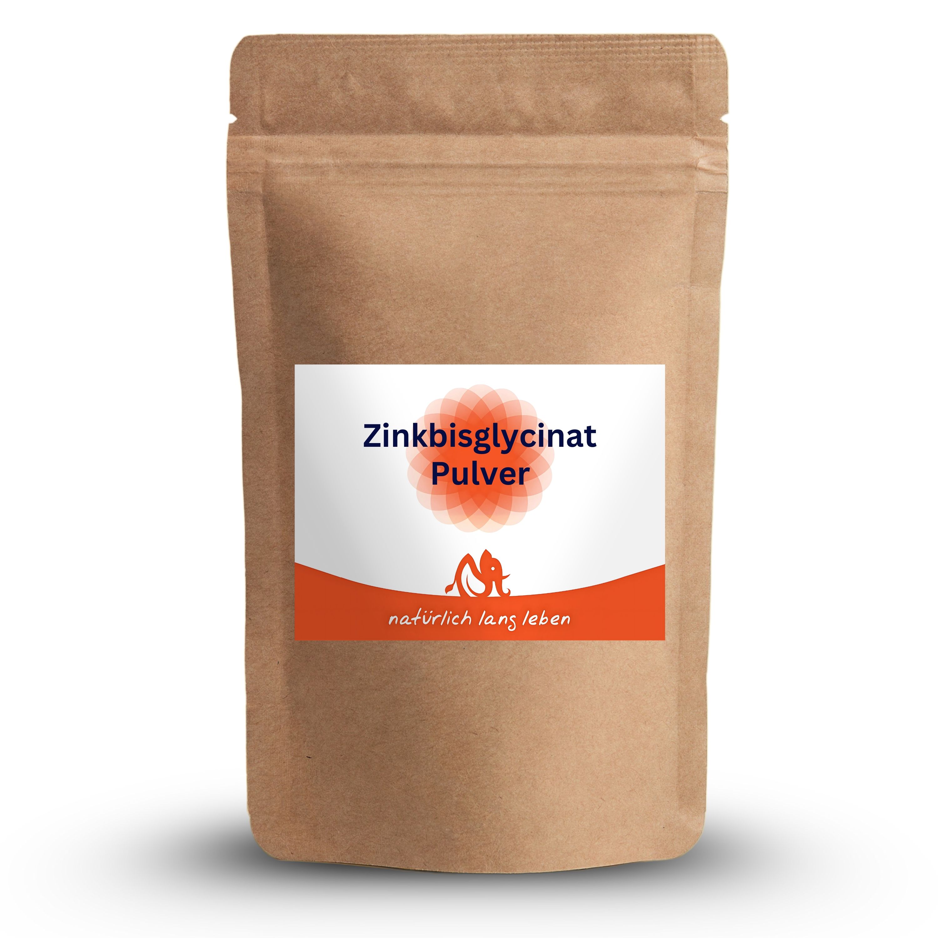 Braune Tüte mit Etikett. Aufschrift: Zinkbisglycinat Pulver. Logo und Schriftzug: natürlich lang leben.
