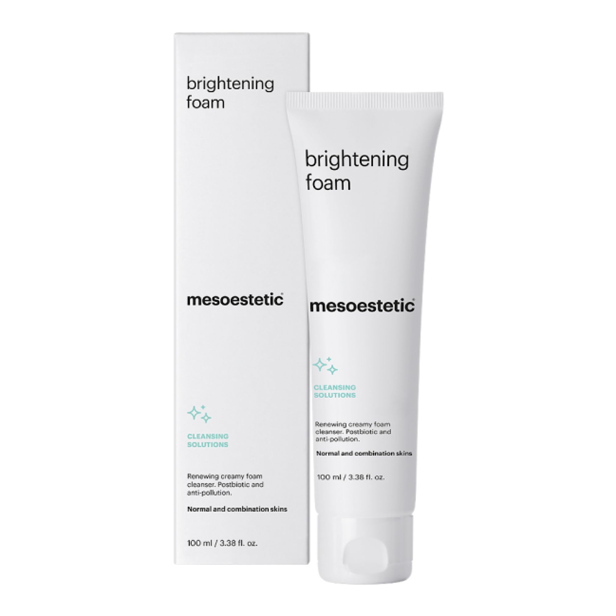 Weißes Tuben- und Karton-Set. Aufschrift: "brightening foam" und "mesoestetic". Text: "Cleansing Solutions".