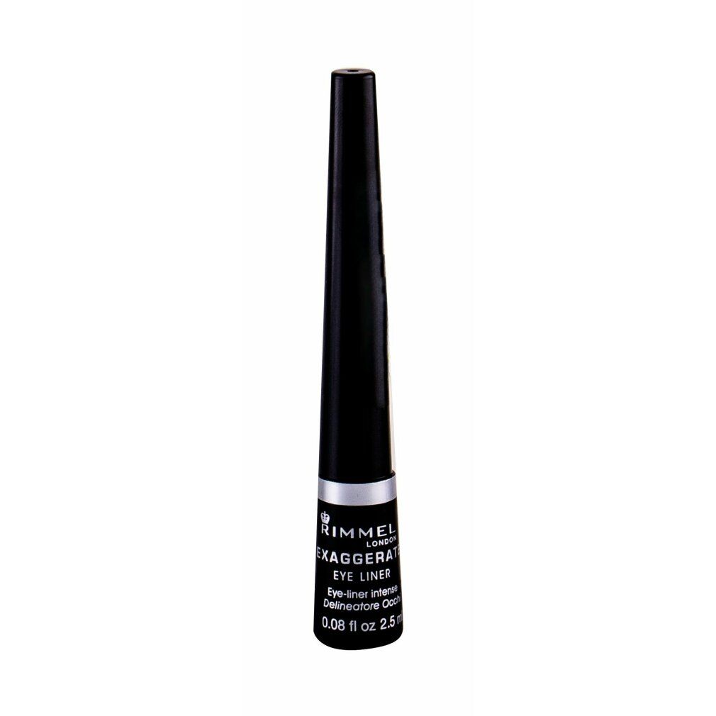 Schwarzer flüssiger Eyeliner. Schwarze Flasche mit weißem Ring und Produktinformationen. Marke Rimmel.