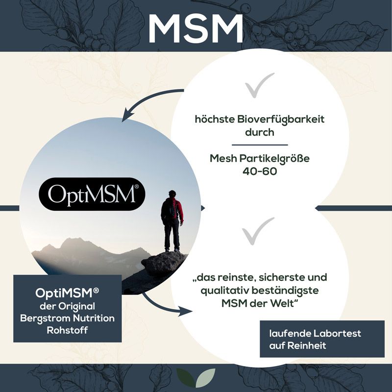 Grafik mit OptiMSM. Höchste Bioverfügbarkeit, Mesh Partikelgröße 40-60. Reinheit durch Labortests.