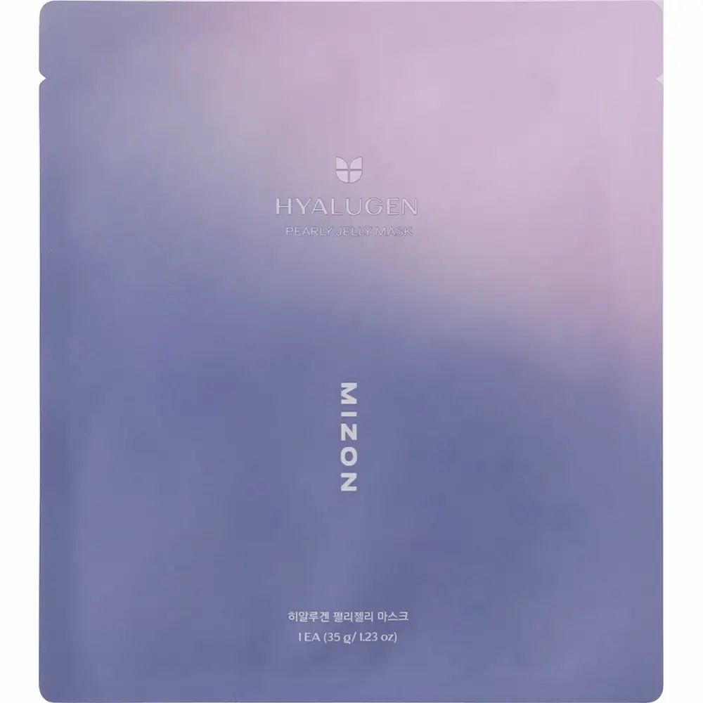 MIZON Hyalugen Pearly Jelly Mask. Verpackung, blau-lila Farbverlauf. Logo und Schriftzug. Koreanische Schriftzeichen.