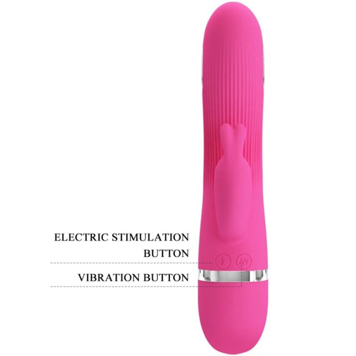 Rosa Vibrator mit Beschriftung: Electric Stimulation Button und Vibration Button. Auf weißem Hintergrund.