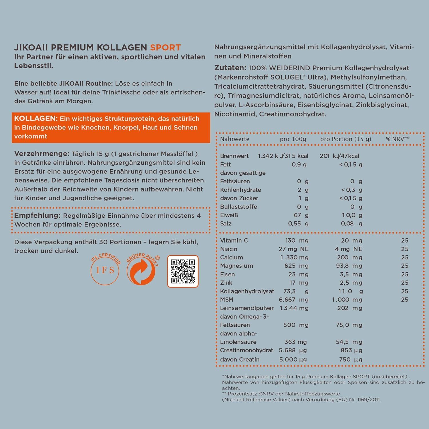 Text: JIKOAII Premium Kollagen Sport. Inhaltsstoffe, Nährwerte, Verzehrempfehlung. 30 Portionen. Kühl und trocken lagern.