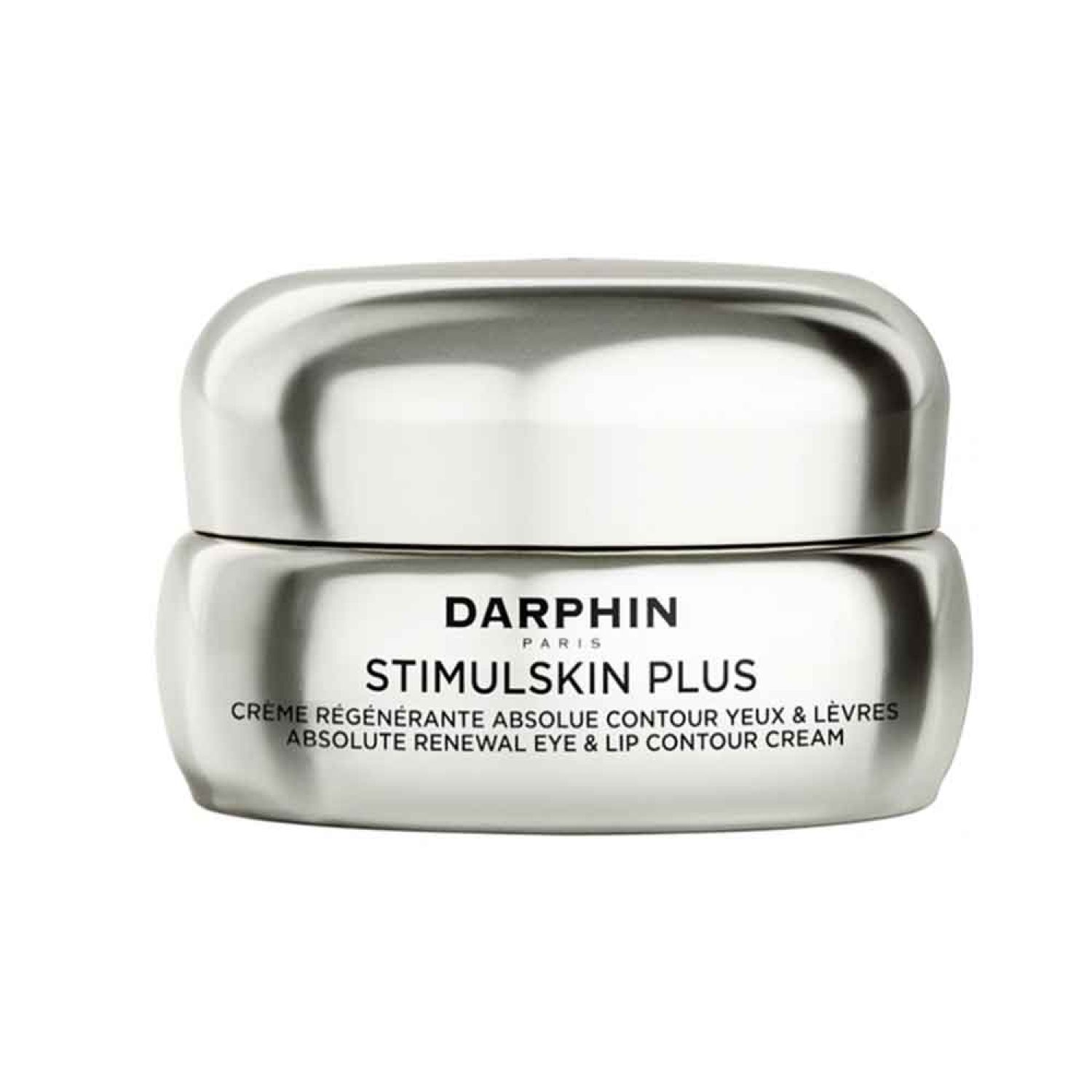 Silberfarbener Tiegel mit Deckel. Aufschrift: DARPHIN PARIS, STIMULSKIN PLUS, Crème régénérante absolue contour yeux & lèvres, Absolute Renewal Eye & Lip Contour Cream.