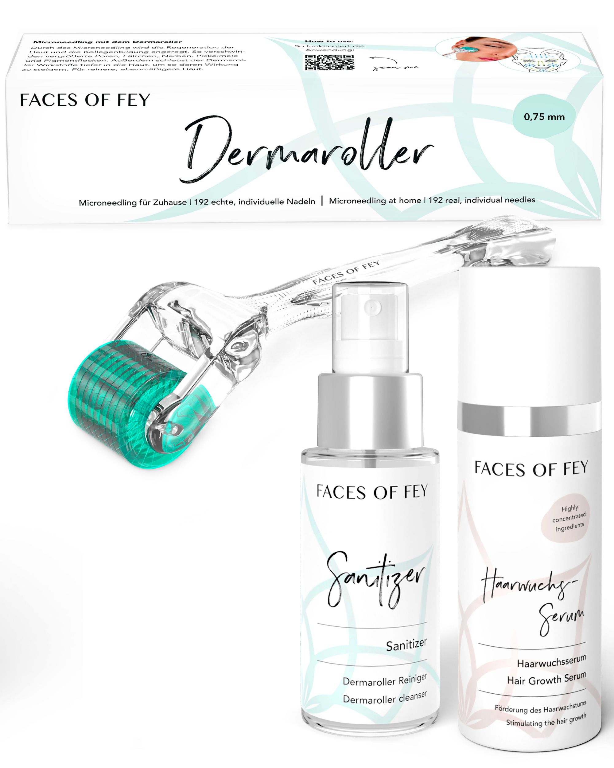 FACES OF FEY Microneedling Set: Dermaroller, Sanitizer, Haarwuchsserum. Dermaroller mit 0,75 mm Nadeln. Verpackung mit Produktnamen. Hochkonzentrierte Inhaltsstoffe.