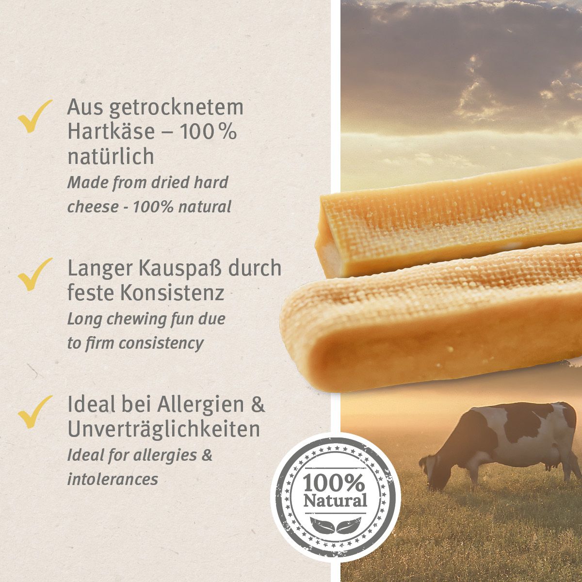 Zwei Käsekauknochen. 100% natürlich. Geeignet für Allergiker. Lange Kauzeit durch feste Konsistenz. 100% natürlich.