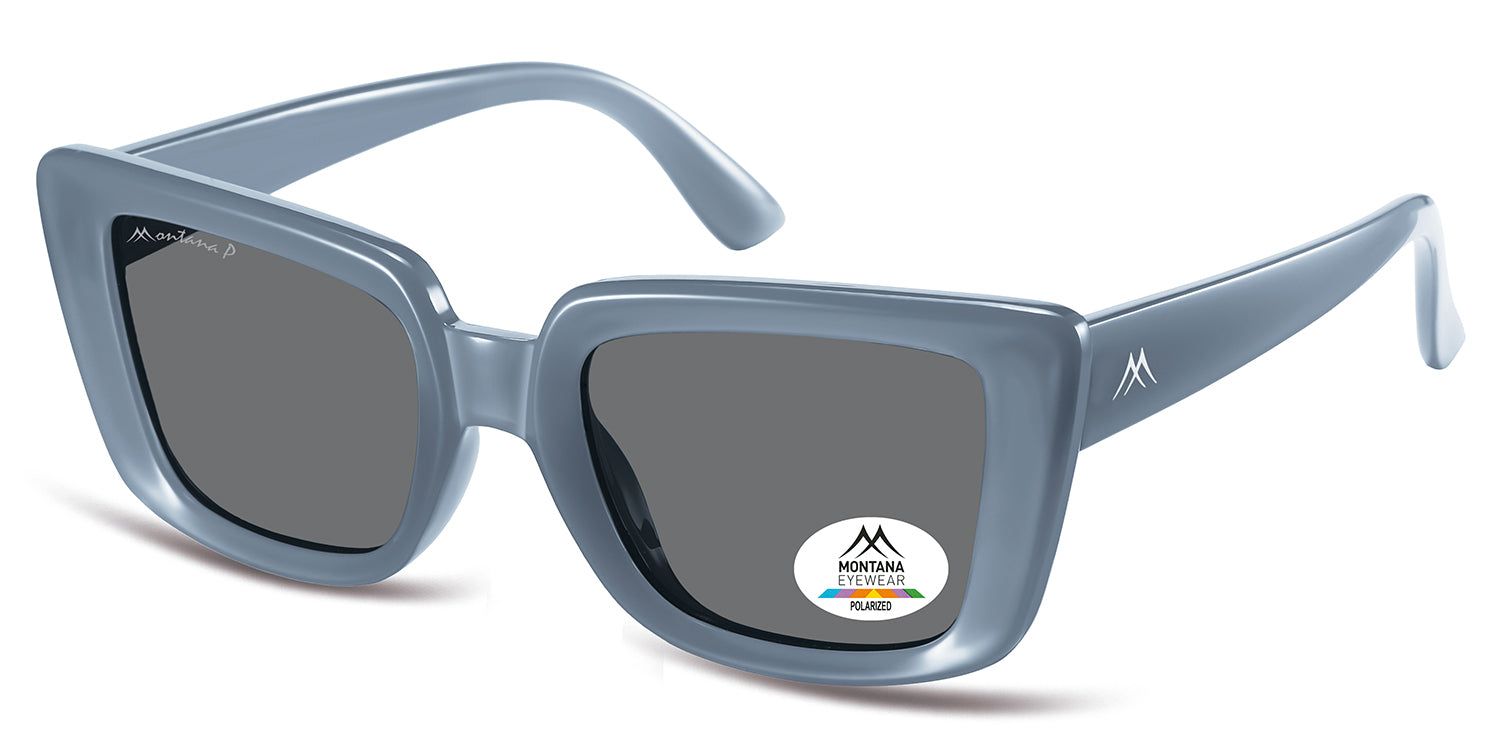 Blaue Sonnenbrille mit dunklen Gläsern. Montana Eyewear Logo und Polarisations-Zertifizierung. Seitliche Ansicht.