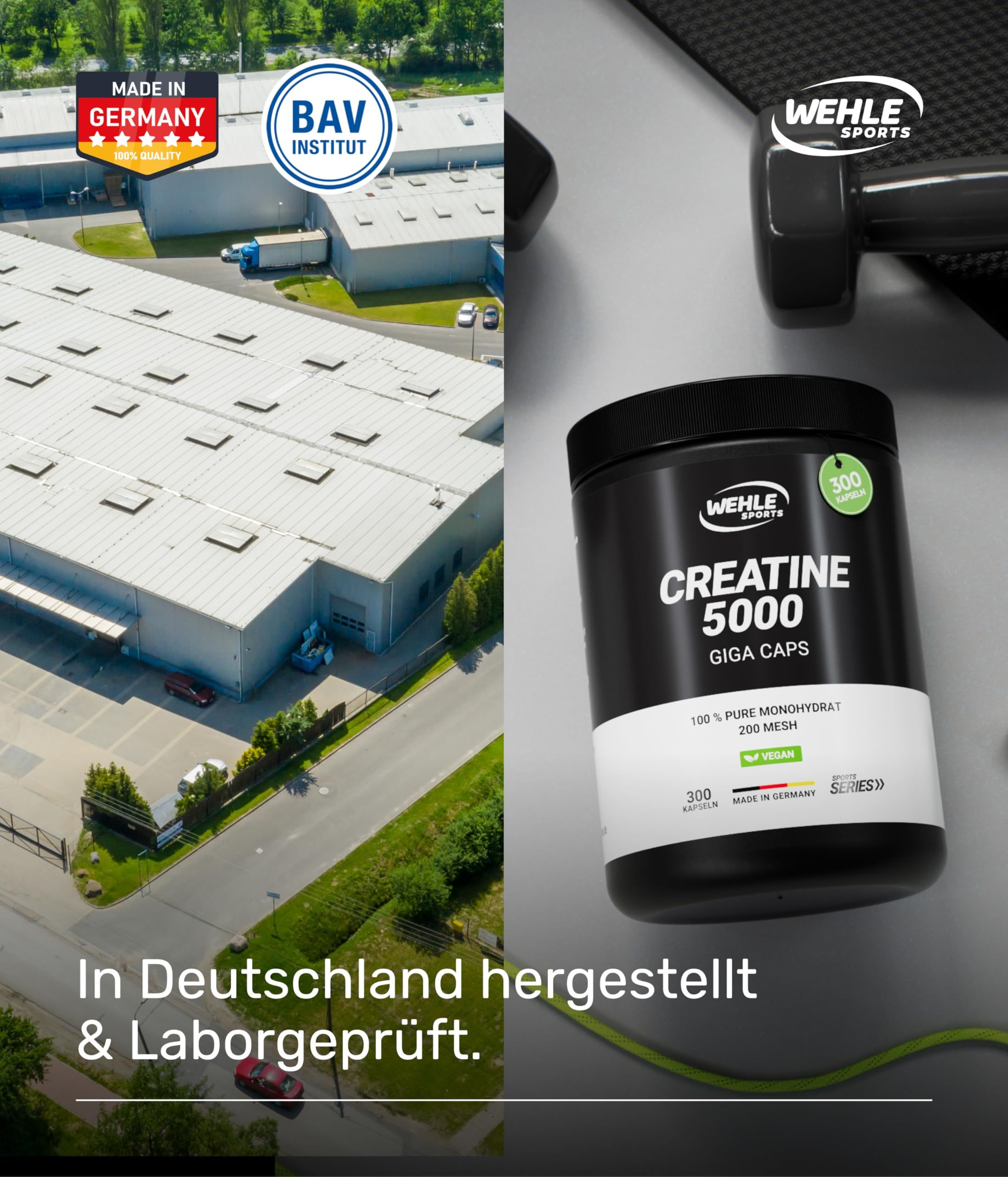 Fabrikgebäude und Dose 'Creatine 5000' von Wehle Sports. Hergestellt in Deutschland & Laborgeprüft. BAV Institut.