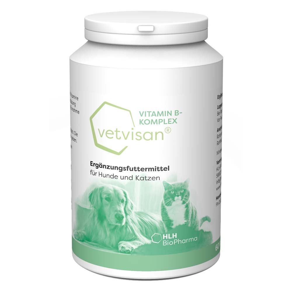 Weiße Flasche mit Deckel. Aufschrift: vetvisan Vitamin B-Komplex. Ergänzungsfuttermittel für Hunde und Katzen. Logo und Abbildung von Hund und Katze.