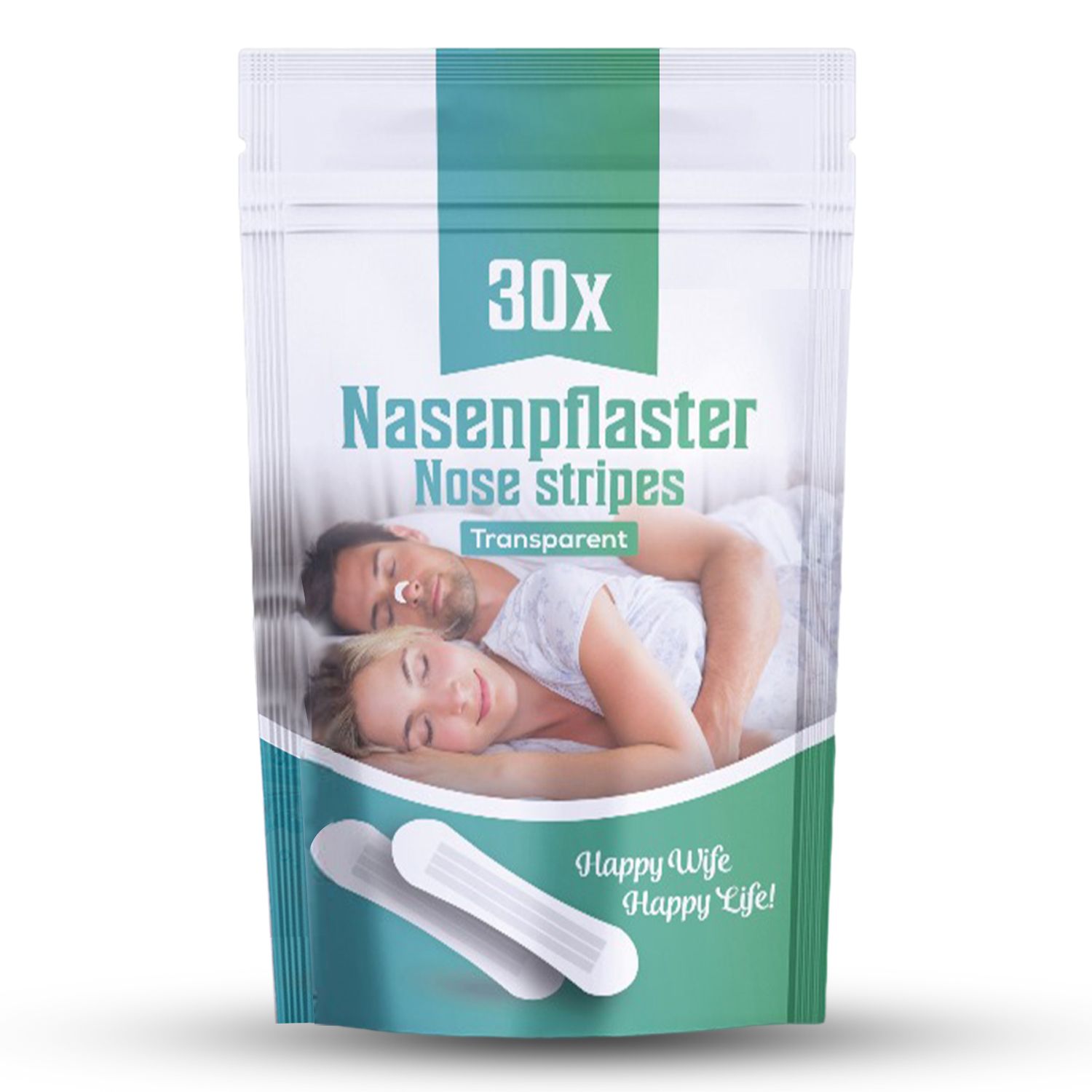 Verpackung mit Nasenpflastern. Aufdruck: 30x Nasenpflaster, Nose stripes, Transparent. Paar schläft. Aufschrift: Happy Wife Happy Life!