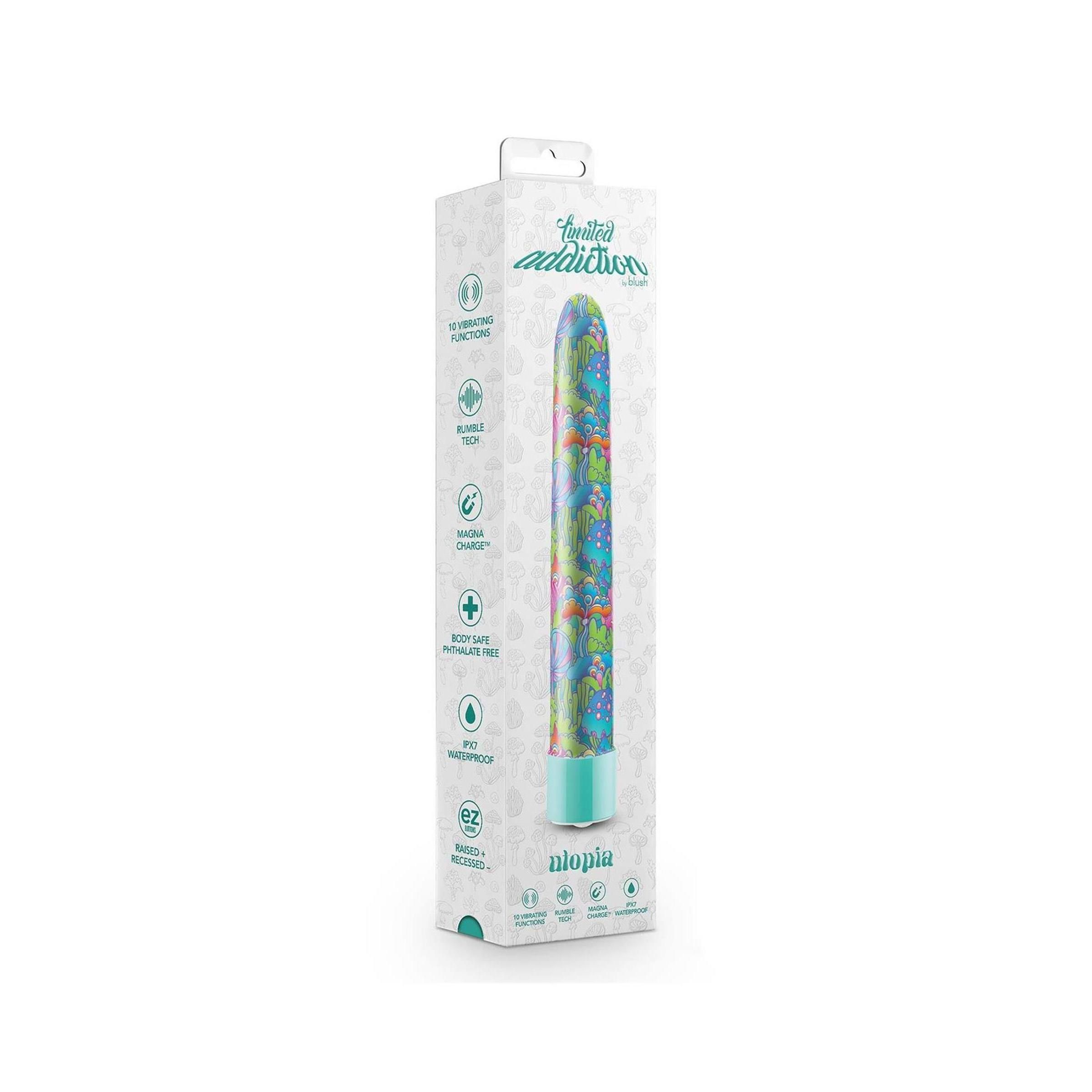 Wellness-Produkt in Verpackung. Weißer Karton mit Produktabbildung und Logos. Produkt mit floralem Muster und türkiser Basis.