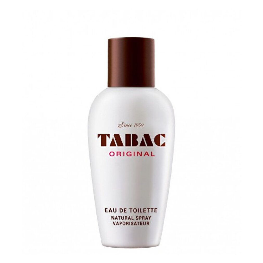 Weiße Flasche mit braunem Deckel. Tabac Original Schriftzug. Eau de Toilette Natural Spray Vaporisateur.