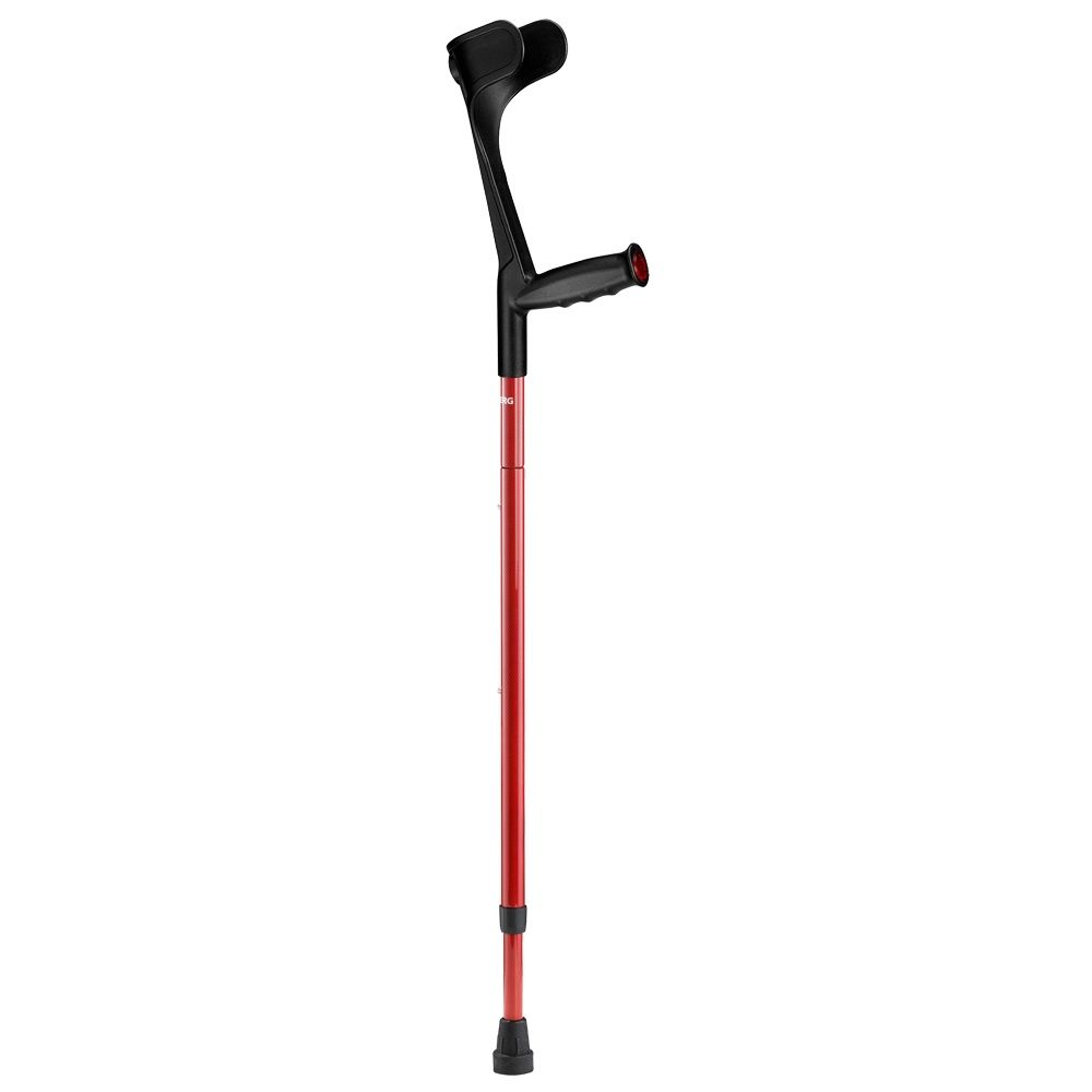 Gehstütze, rot und schwarz. Ergonomischer Griff, gepolsterte Armauflage. Fuß mit Gummikappe.