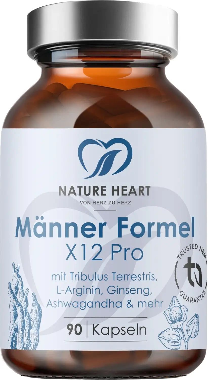 Braune Glasflasche mit weißem Etikett. Aufschrift: Männer Formel X12 Pro, 90 Kapseln. Logo: Herz mit Blatt. Trusted NEM Garantie.