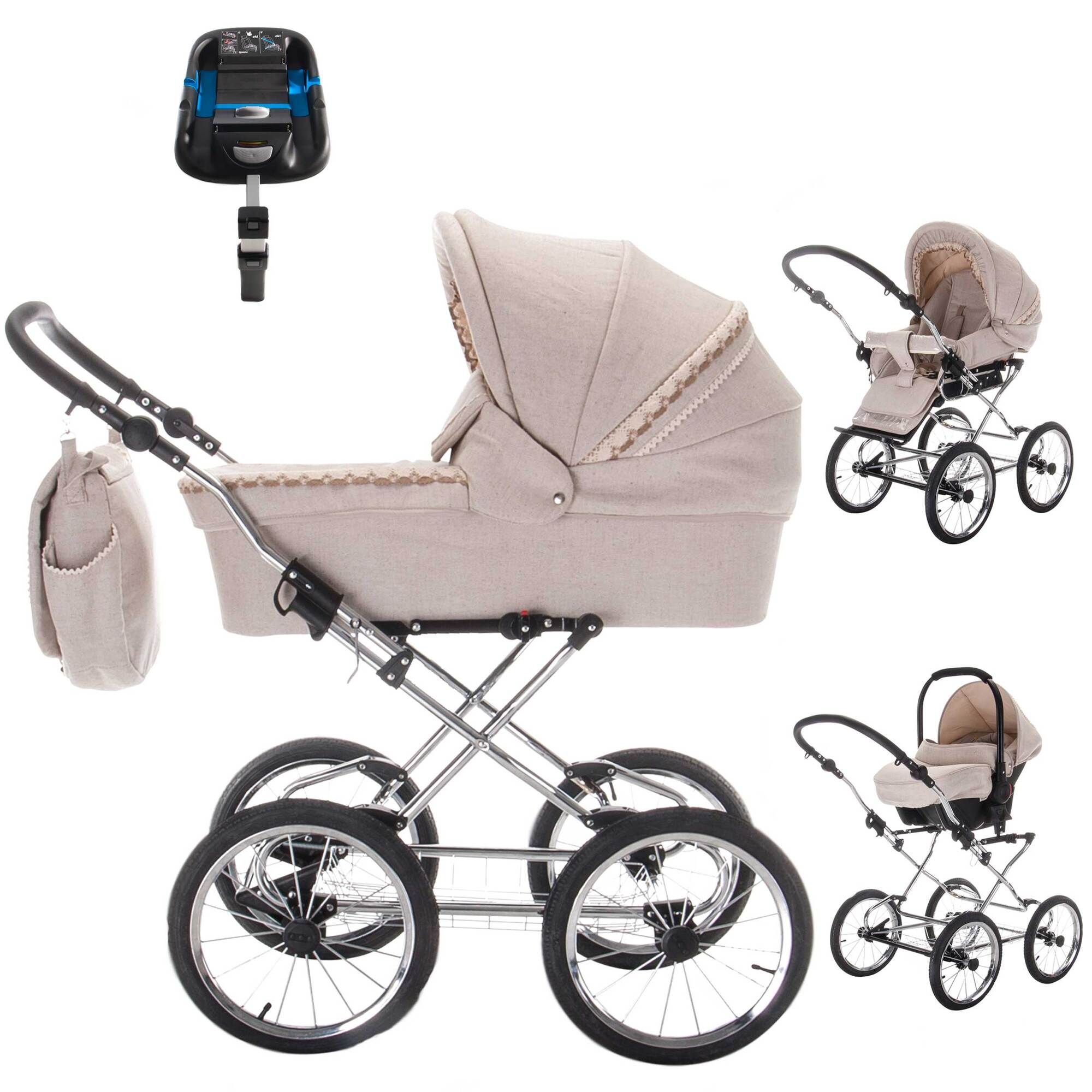Kinderwagen mit silbernem Gestell, beigem Stoff, Tasche und Babyschale. ISOFIX-Kindersitz. Mehrere Ansichten.
