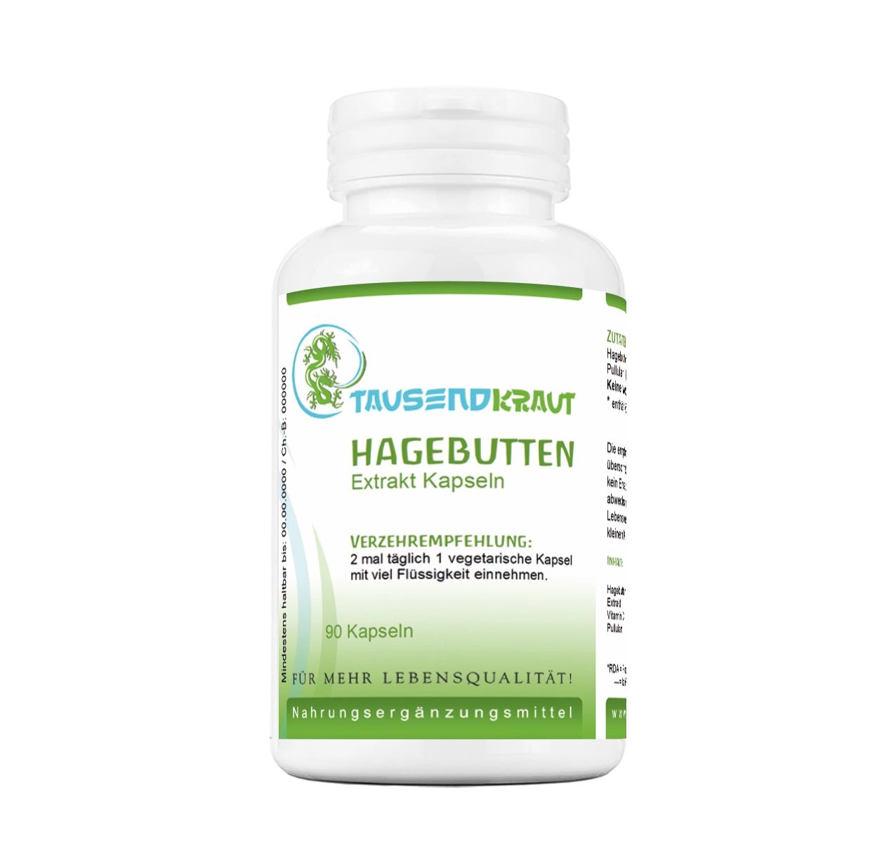 Weiße Flasche mit Kapseln. Aufschrift: Hagebutten Extrakt Kapseln. Empfehlung: 2 Kapseln täglich. 90 Kapseln.