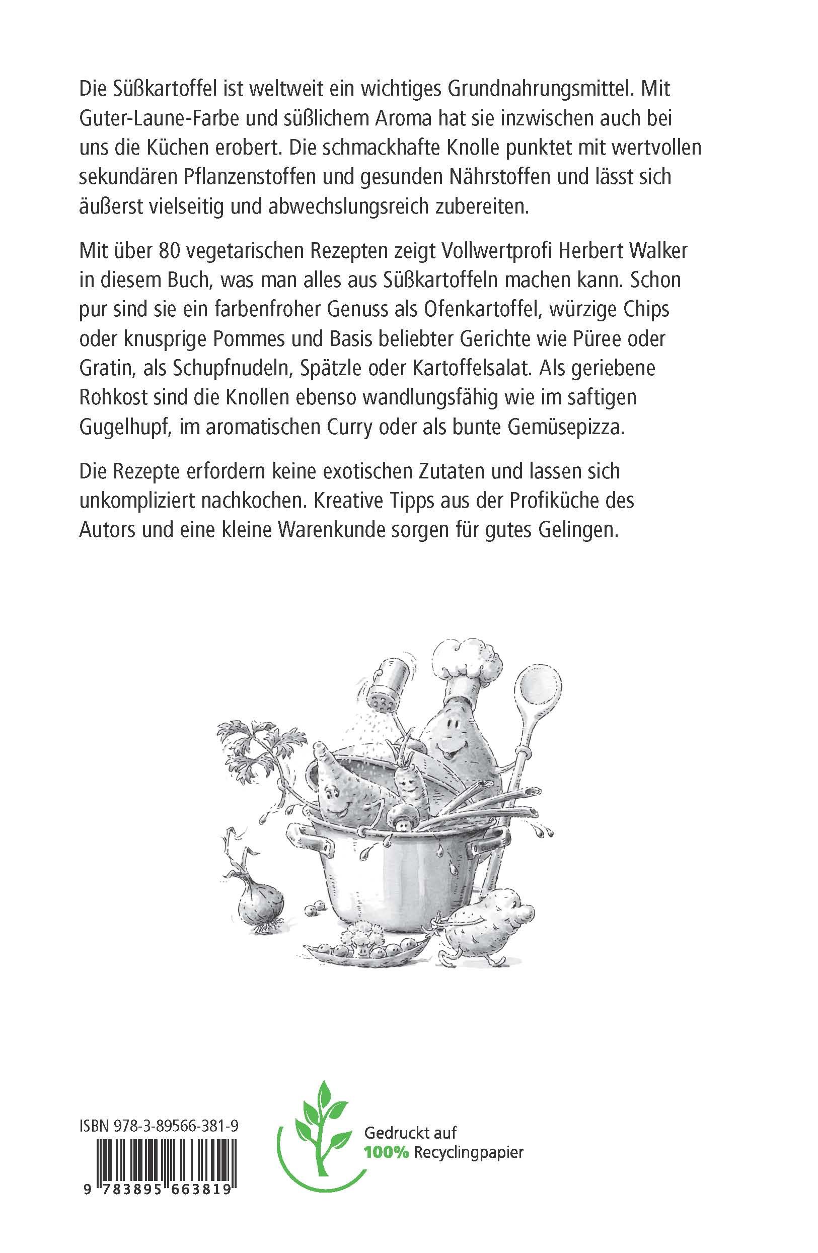 Buchrückseite mit Text und Illustration eines Kochtopfs mit Gemüsefiguren. ISBN-Code und Verlagshinweis.