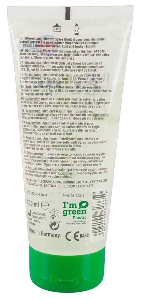 Rückseite einer Tube medizinisches Gleitgel. Text in mehreren Sprachen, Inhaltsstoffe, Herstellerinformationen, und Zertifizierungen.